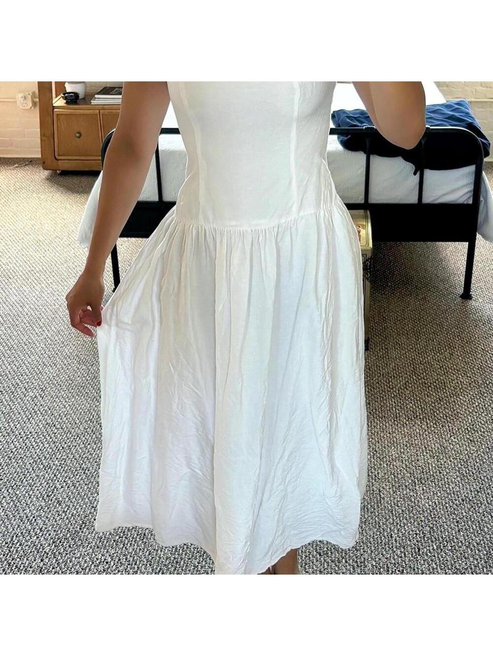 Meshki White Midi Dress with Gathered Skirt